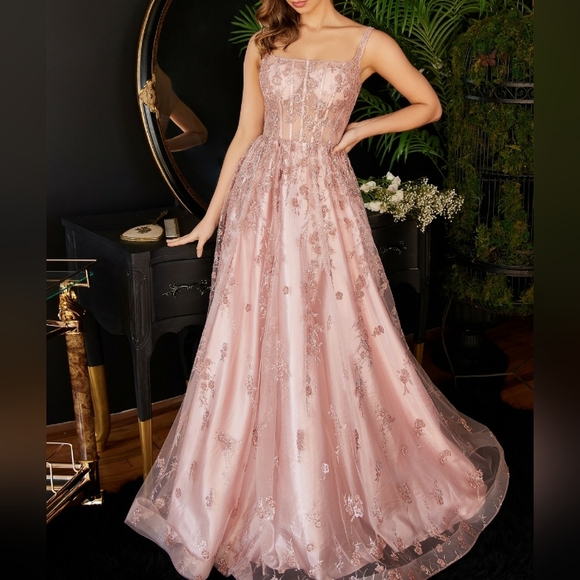 ,rose gold, glitter long corset style a line gown - Picture 5 of 9